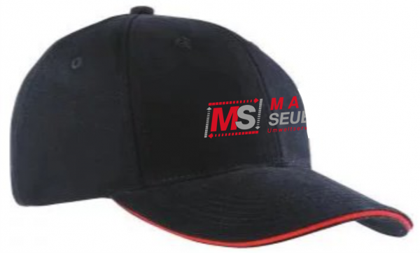 Veredelung Cap schwarz-rot, Stick vorne mittig ca. 10cm breit, "MS Mayer Seubert"